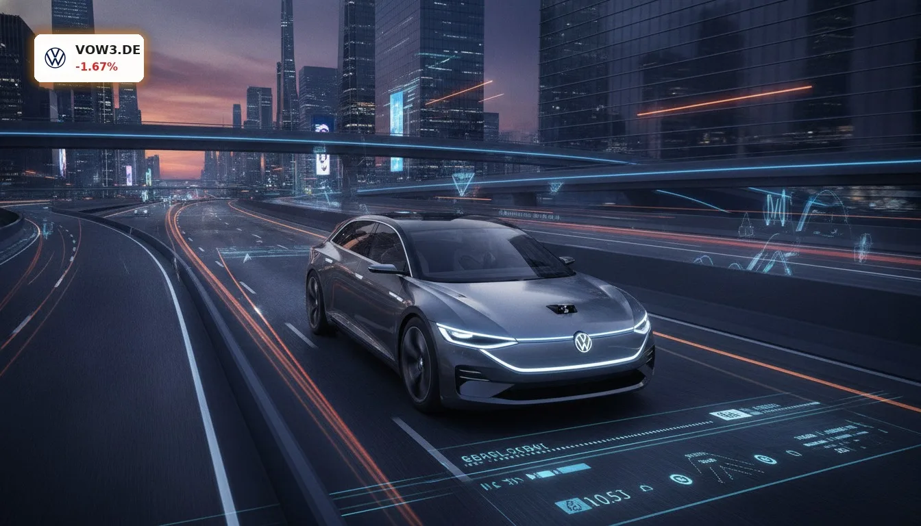 Autonomes Volkswagen Fahrzeug fährt auf futuristischer Autobahn, symbolisiert den Fokus auf Volkswagen Tarifkமைகள் und Technologie.