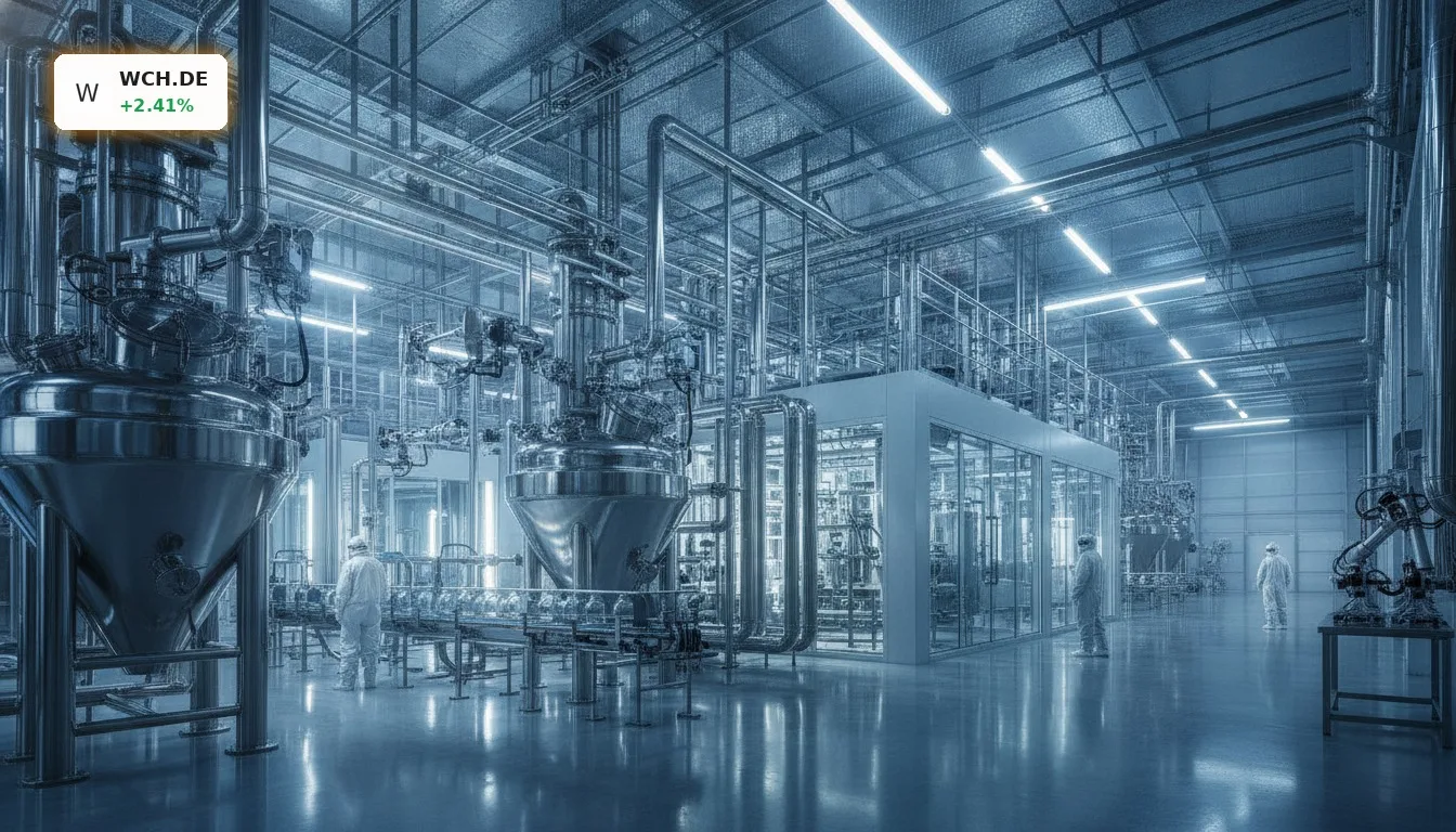 Wacker Chemie Aktie: Solides Q3-Ergebnis und bestätigter Ausblick für 2026 4 Moderne Chemieanlage mit Edelstahltanks und Rohrleitungen, symbolisiert die Produktion der Wacker Chemie Aktie.
